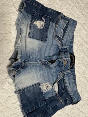 Express Distressed Light Blue Patch Denim Shorts - Women